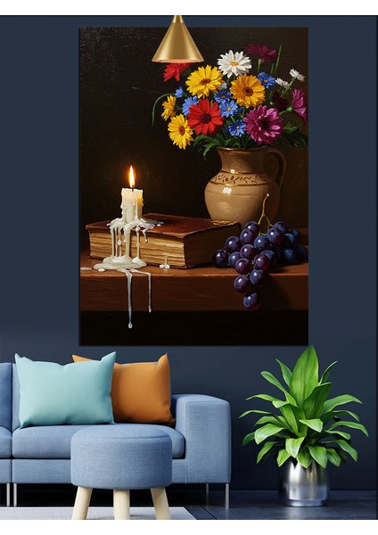 Mum Işığında Renkli Çiçek Vazosu ve Üzüm Dekoratif Kanvas - Mdf Ahşap Tablo indirimleri
