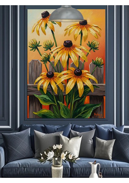Sarı Papatyalar Güneş Işıkları Dekoratif Kanvas - Mdf Ahşap Tablo fiyatları