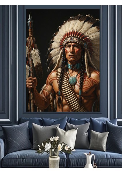 Kızılderili Tüylü Başlık Portresi Dekoratif Kanvas - Mdf Ahşap Tablo