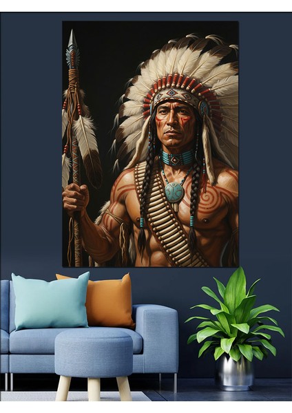 Kızılderili Tüylü Başlık Portresi Dekoratif Kanvas - Mdf Ahşap Tablo fiyatları