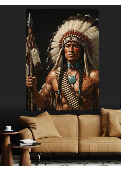 Kızılderili Tüylü Başlık Portresi Dekoratif Kanvas - Mdf Ahşap Tablo modelleri