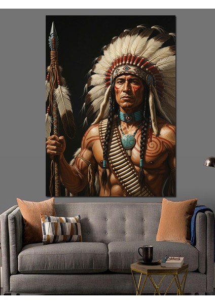 Kızılderili Tüylü Başlık Portresi Dekoratif Kanvas - Mdf Ahşap Tablo fırsatları