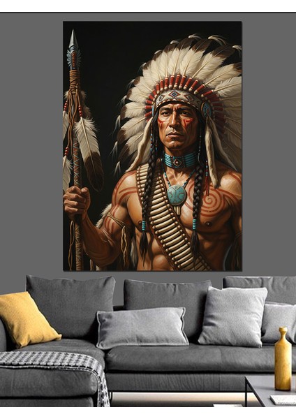 Kızılderili Tüylü Başlık Portresi Dekoratif Kanvas - Mdf Ahşap Tablo indirimleri