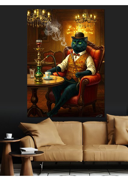 Nargile ve Kahve Keyfi Yapan Kedi Dekoratif Kanvas - Mdf Ahşap Tablo