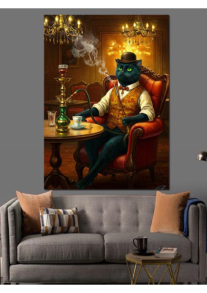 Nargile ve Kahve Keyfi Yapan Kedi Dekoratif Kanvas - Mdf Ahşap Tablo fiyatları