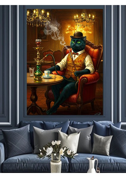 Nargile ve Kahve Keyfi Yapan Kedi Dekoratif Kanvas - Mdf Ahşap Tablo fırsatları