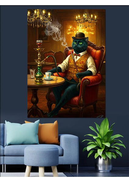 Nargile ve Kahve Keyfi Yapan Kedi Dekoratif Kanvas - Mdf Ahşap Tablo indirimleri