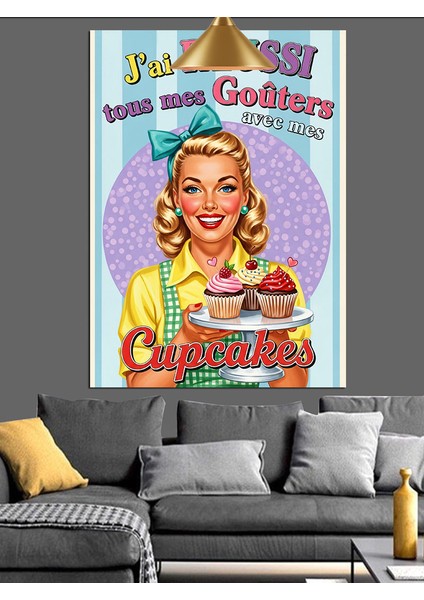 Retro Cup Kek Sunan Gülümseyen Kadın Afişi Dekoratif Kanvas - Mdf Ahşap Tablo