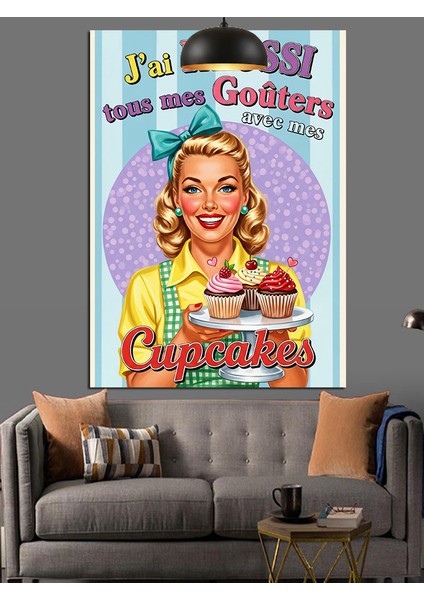 Retro Cup Kek Sunan Gülümseyen Kadın Afişi Dekoratif Kanvas - Mdf Ahşap Tablo modelleri