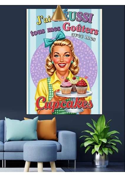 Retro Cup Kek Sunan Gülümseyen Kadın Afişi Dekoratif Kanvas - Mdf Ahşap Tablo fırsatları