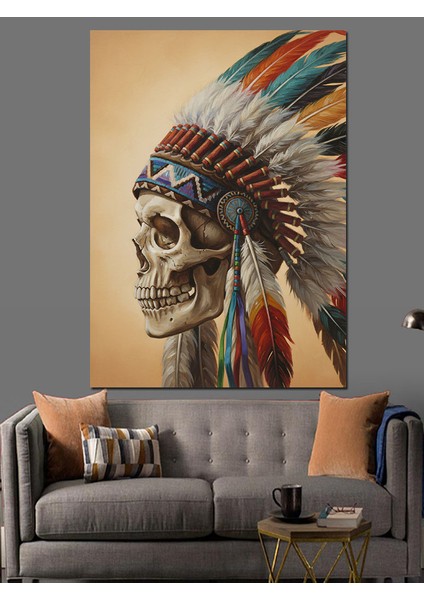 Kızılderili Şef Kurukafa Başlık Dekoratif Kanvas - Mdf Ahşap Tablo