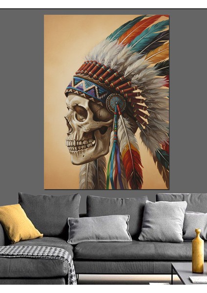 Kızılderili Şef Kurukafa Başlık Dekoratif Kanvas - Mdf Ahşap Tablo fiyatları