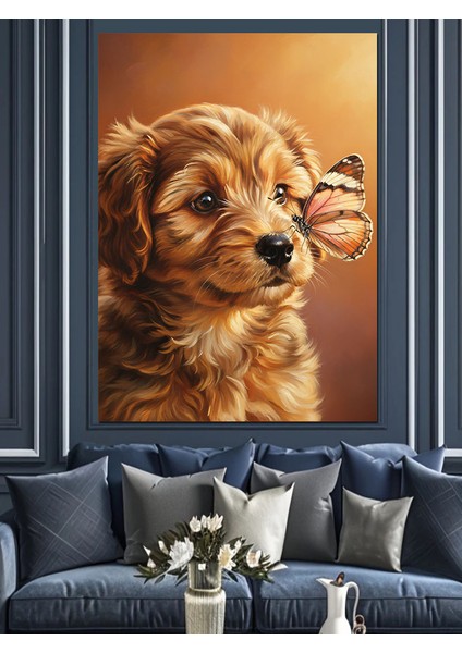 Kahverengi Yavru Köpek ve Kelebek Dekoratif Kanvas - Mdf Ahşap Tablo fiyatları