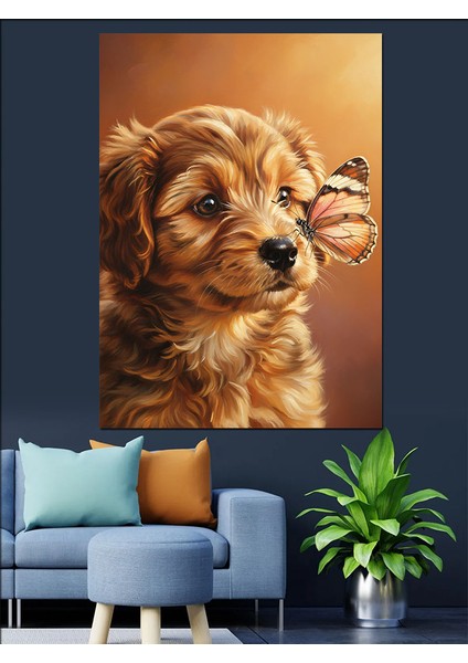 Kahverengi Yavru Köpek ve Kelebek Dekoratif Kanvas - Mdf Ahşap Tablo modelleri