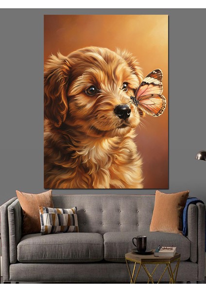 Kahverengi Yavru Köpek ve Kelebek Dekoratif Kanvas - Mdf Ahşap Tablo indirimleri