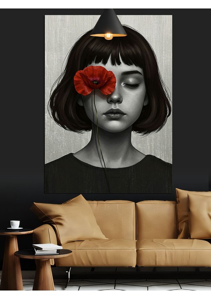 Tek Gözü Kırmızı Çiçekle Kapalı Kadın Dekoratif Kanvas - Mdf Ahşap Tablo