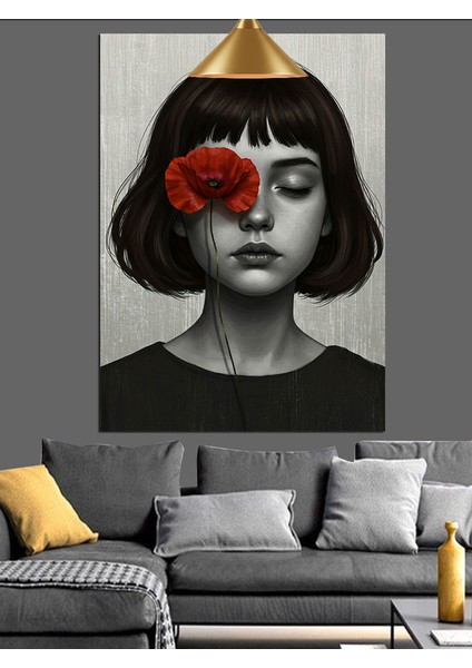 Tek Gözü Kırmızı Çiçekle Kapalı Kadın Dekoratif Kanvas - Mdf Ahşap Tablo fiyatları