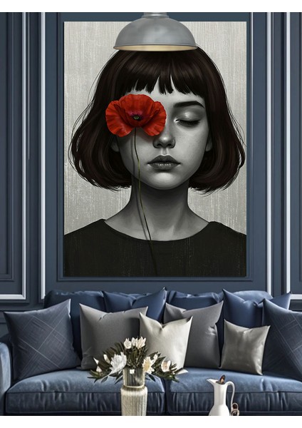 Tek Gözü Kırmızı Çiçekle Kapalı Kadın Dekoratif Kanvas - Mdf Ahşap Tablo modelleri