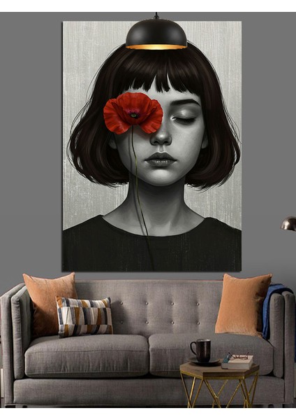 Tek Gözü Kırmızı Çiçekle Kapalı Kadın Dekoratif Kanvas - Mdf Ahşap Tablo fırsatları