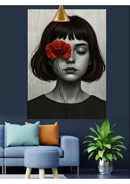 Tek Gözü Kırmızı Çiçekle Kapalı Kadın Dekoratif Kanvas - Mdf Ahşap Tablo indirimleri