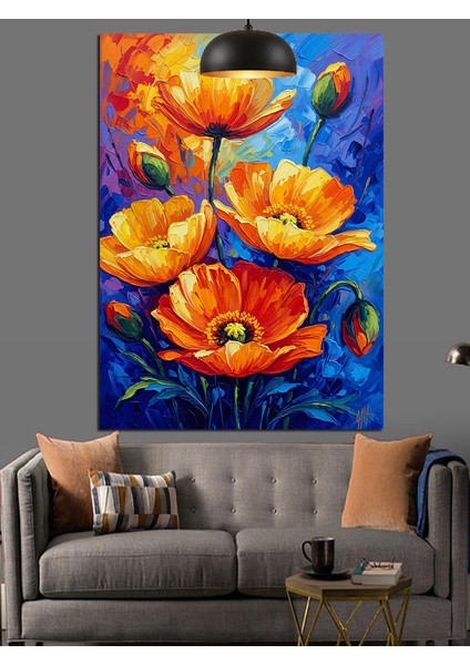 Sarı Kırmızı Gelincik Çiçeği Dekoratif Kanvas - Mdf Ahşap Tablo