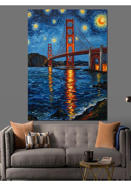 Gece Köprü Işıkları Şehir Dekoratif Kanvas - Mdf Ahşap Tablo