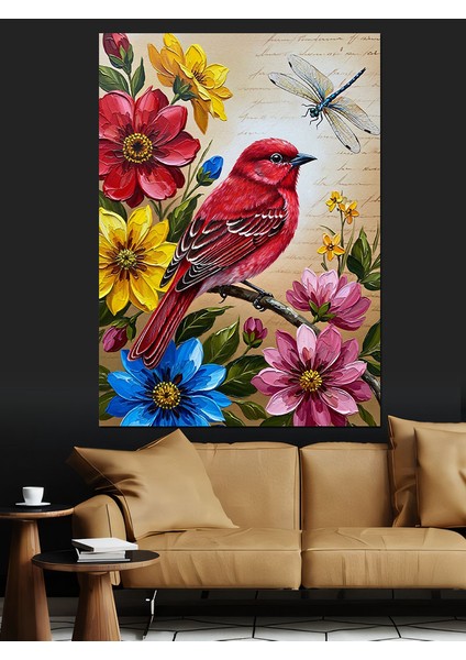 Kırmızı Kuş Çiçek Dalı Dekoratif Kanvas - Mdf Ahşap Tablo