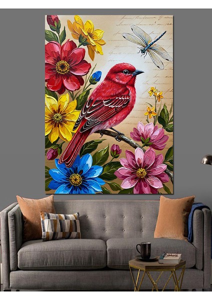 Kırmızı Kuş Çiçek Dalı Dekoratif Kanvas - Mdf Ahşap Tablo fiyatları