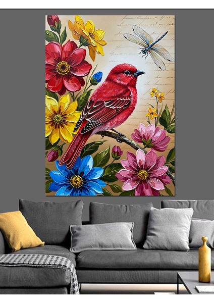 Kırmızı Kuş Çiçek Dalı Dekoratif Kanvas - Mdf Ahşap Tablo modelleri