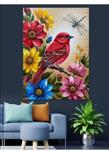 Kırmızı Kuş Çiçek Dalı Dekoratif Kanvas - Mdf Ahşap Tablo indirimleri