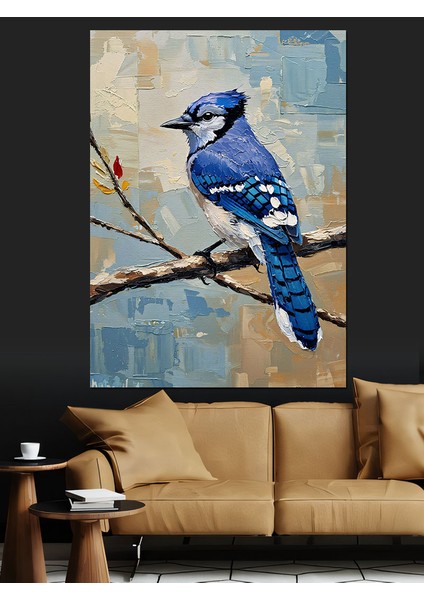 Mavi Ardıç Kuşu Dal Dekoratif Kanvas - Mdf Ahşap Tablo
