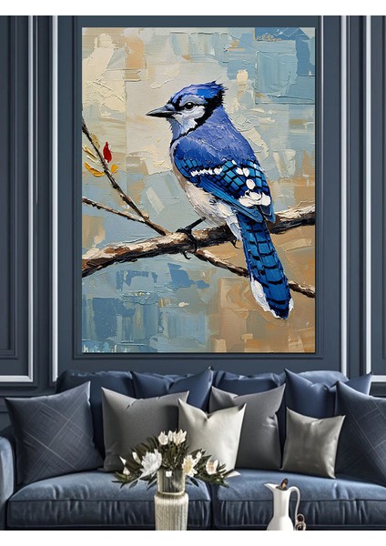 Mavi Ardıç Kuşu Dal Dekoratif Kanvas - Mdf Ahşap Tablo fırsatları