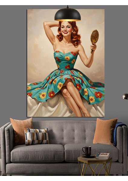 Vintage Elbiseli Süslü Kadın Portresi Dekoratif Kanvas - Mdf Ahşap Tablo