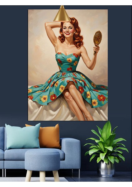Vintage Elbiseli Süslü Kadın Portresi Dekoratif Kanvas - Mdf Ahşap Tablo fiyatları