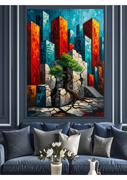 Gökdelenler Soyut Şehir Manzarası Dekoratif Kanvas - Mdf Ahşap Tablo