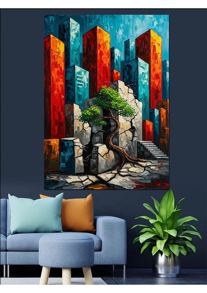 Gökdelenler Soyut Şehir Manzarası Dekoratif Kanvas - Mdf Ahşap Tablo fiyatları