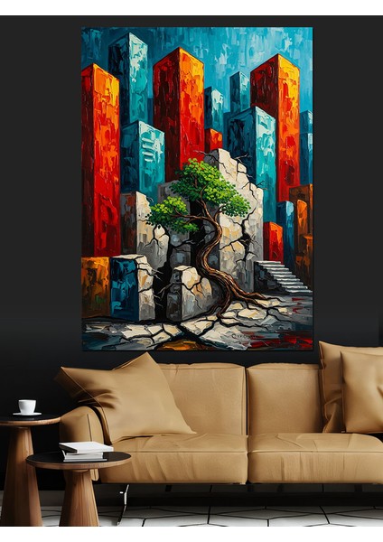 Gökdelenler Soyut Şehir Manzarası Dekoratif Kanvas - Mdf Ahşap Tablo modelleri