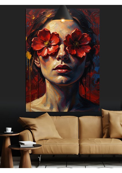 Kırmızı Çiçek Göz Maskeli Kadın Dekoratif Kanvas - Mdf Ahşap Tablo
