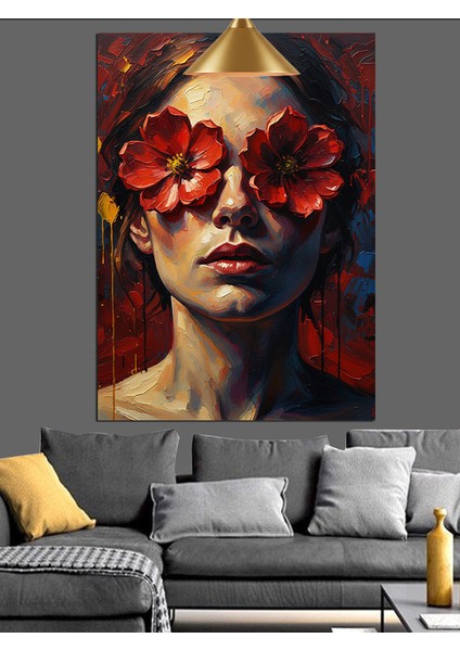 Kırmızı Çiçek Göz Maskeli Kadın Dekoratif Kanvas - Mdf Ahşap Tablo fiyatları