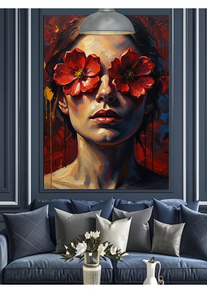 Kırmızı Çiçek Göz Maskeli Kadın Dekoratif Kanvas - Mdf Ahşap Tablo modelleri