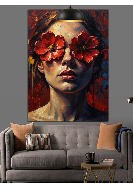 Kırmızı Çiçek Göz Maskeli Kadın Dekoratif Kanvas - Mdf Ahşap Tablo fırsatları