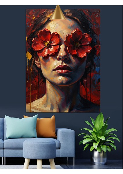 Kırmızı Çiçek Göz Maskeli Kadın Dekoratif Kanvas - Mdf Ahşap Tablo indirimleri