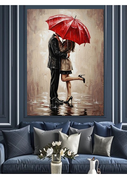 Yağmurda Kırmızı Şemsiye Çift Dekoratif Kanvas - Mdf Ahşap Tablo