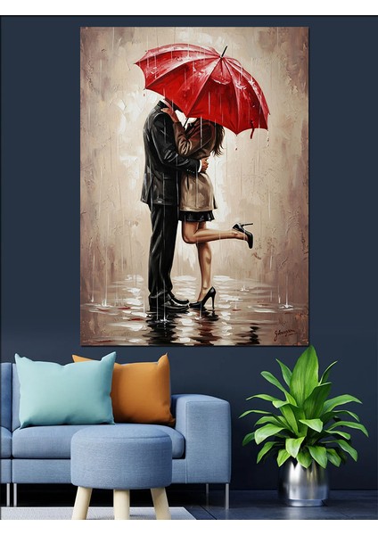 Yağmurda Kırmızı Şemsiye Çift Dekoratif Kanvas - Mdf Ahşap Tablo fiyatları