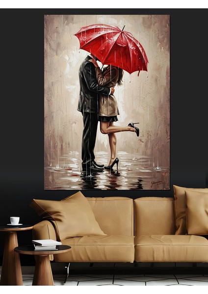 Yağmurda Kırmızı Şemsiye Çift Dekoratif Kanvas - Mdf Ahşap Tablo modelleri