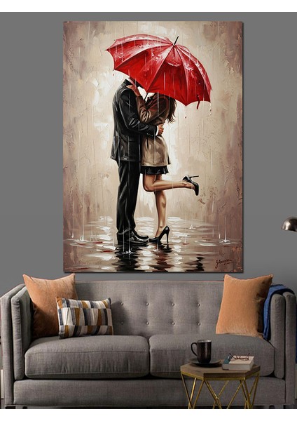 Yağmurda Kırmızı Şemsiye Çift Dekoratif Kanvas - Mdf Ahşap Tablo fırsatları