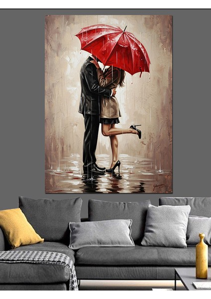 Yağmurda Kırmızı Şemsiye Çift Dekoratif Kanvas - Mdf Ahşap Tablo indirimleri