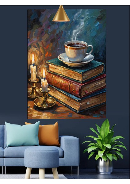 Kitaplar Üzerinde Sıcak Kahve Keyfi Dekoratif Kanvas - Mdf Ahşap Tablo