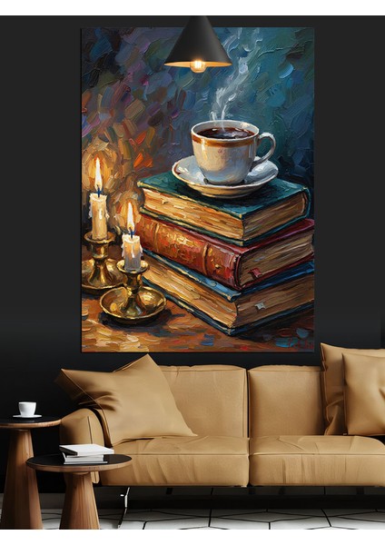 Kitaplar Üzerinde Sıcak Kahve Keyfi Dekoratif Kanvas - Mdf Ahşap Tablo fiyatları
