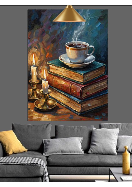 Kitaplar Üzerinde Sıcak Kahve Keyfi Dekoratif Kanvas - Mdf Ahşap Tablo modelleri